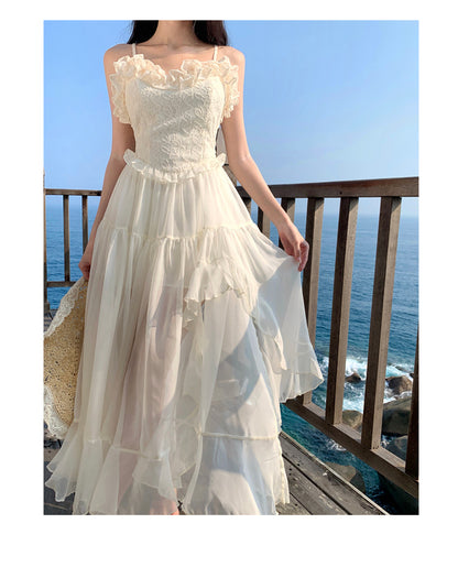French Elegant Straps White Summer Maxi Dress RF0670