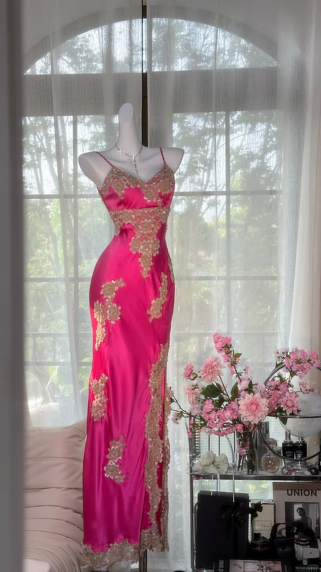 Elegant Hot Pink Spaghetti Strap Sheath Satin Lace Long Porm Dresses Evening Gowns RF0671