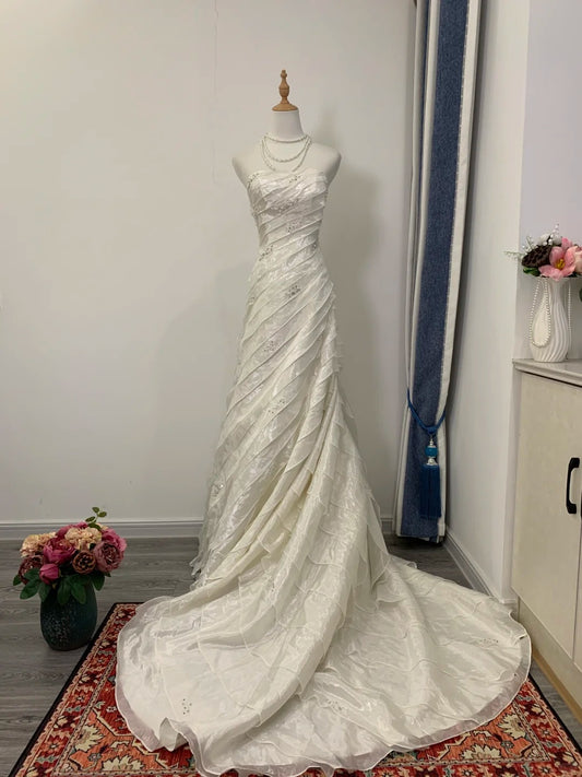 Stunning White Strapless A-Line Tulle Wedding Dresses RF0672