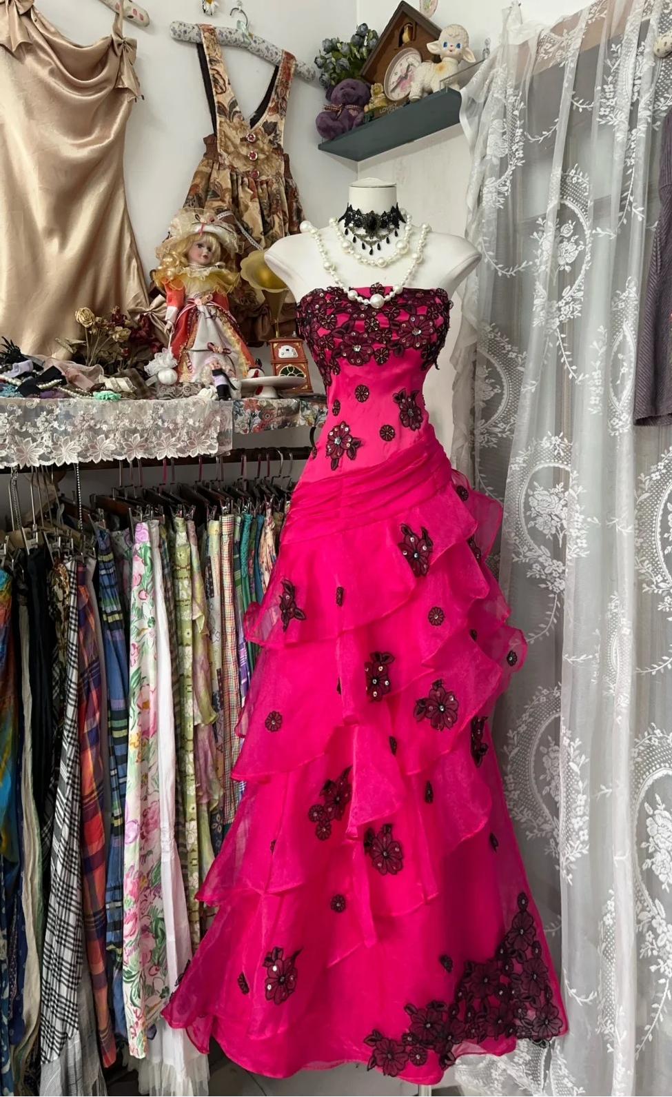Sweet Pink Strapless Tulle A-Line Applique Long Prom Dresses Formal Evening Gowns RF0675