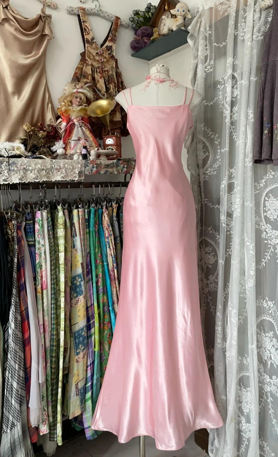 Sweet Pink Strap Mermaid Satin Long Porm Dresses Birthday Party Dress RF0677