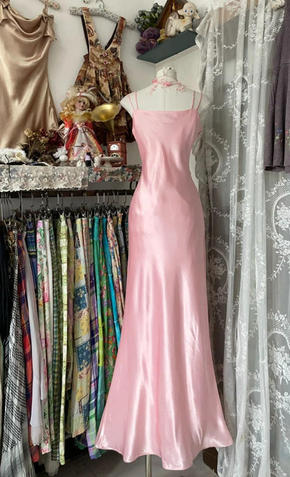 Sweet Pink Strap Mermaid Satin Long Porm Dresses Birthday Party Dress RF0677