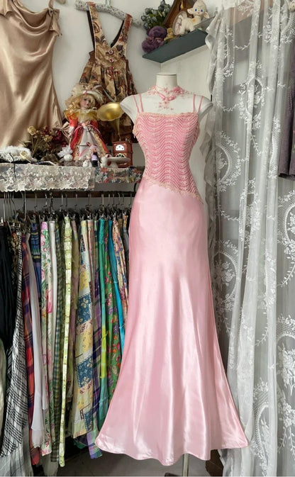 Sweet Pink Strap Mermaid Satin Long Porm Dresses Birthday Party Dress RF0677