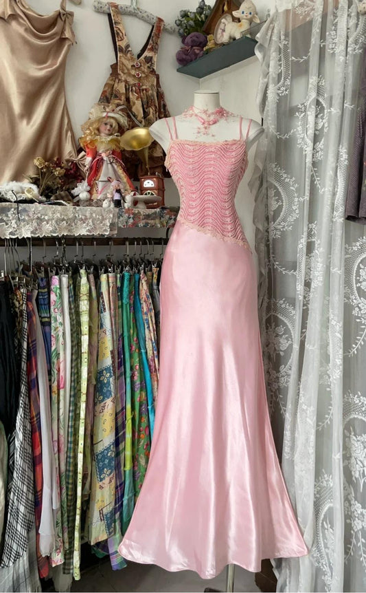 Sweet Pink Strap Mermaid Satin Long Porm Dresses Birthday Party Dress RF0677