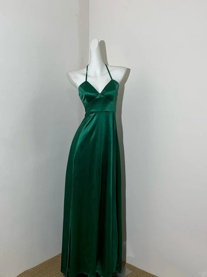Elegant Green Halter A-line Satin Long Porm Dresses Formal Evening Gowns RF0678