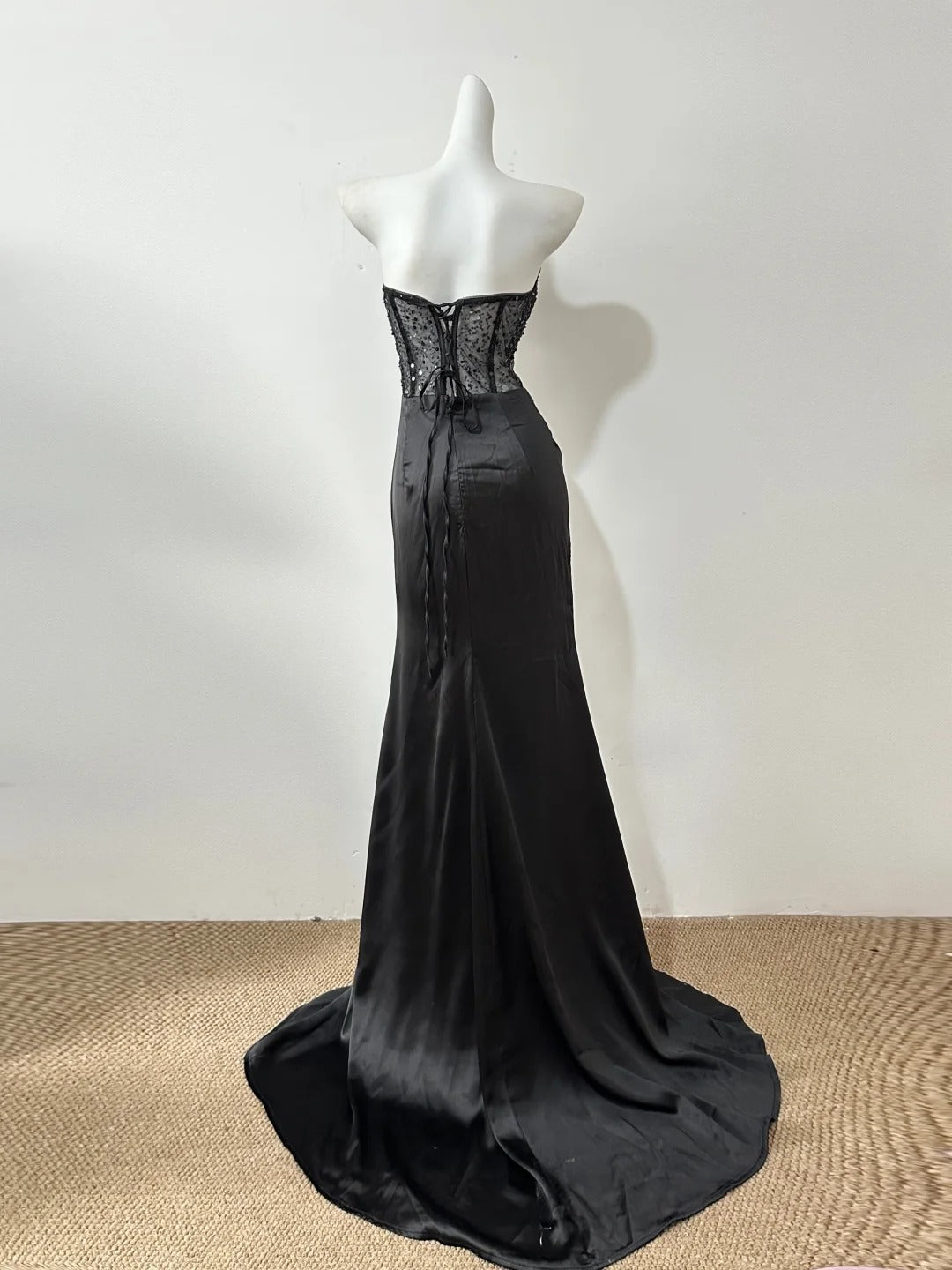 Glam Black Strapless Mermaid Satin Long Porm Dresses Formal Evening Gowns RF0679