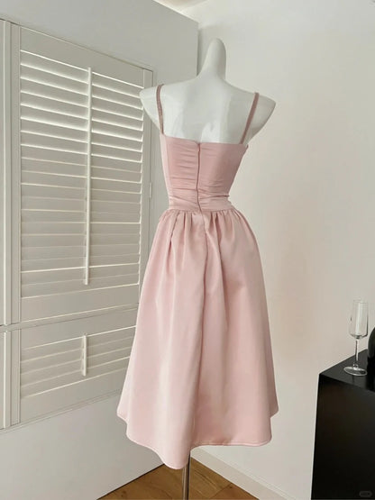 Sweet Pink Spaghetti Strap A-Line Satin Short Porm Dresses Formal Evening Gowns RF0680