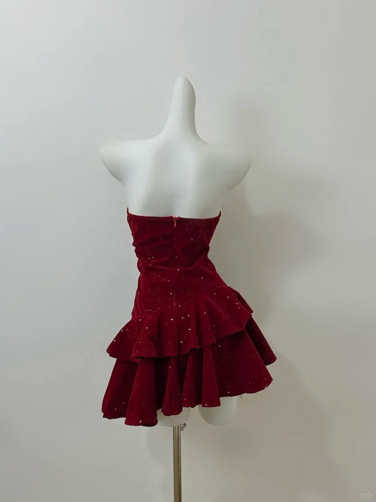 Elegant Burgundy Strapless A-Line Velvet Short Porm Dresses Homecoming Dresses RF0685