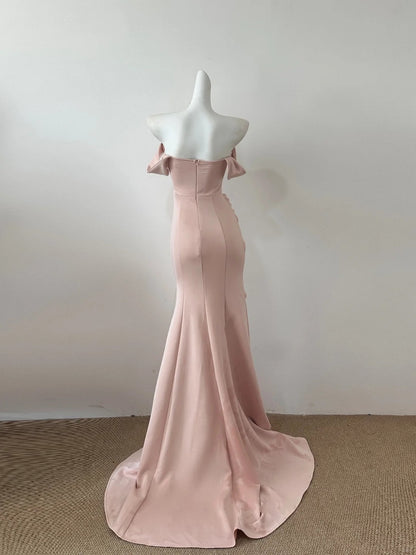Elegant Off Shoulder Pink Mermaid Satin Porm Dresses Formal Evening Gowns RF0687