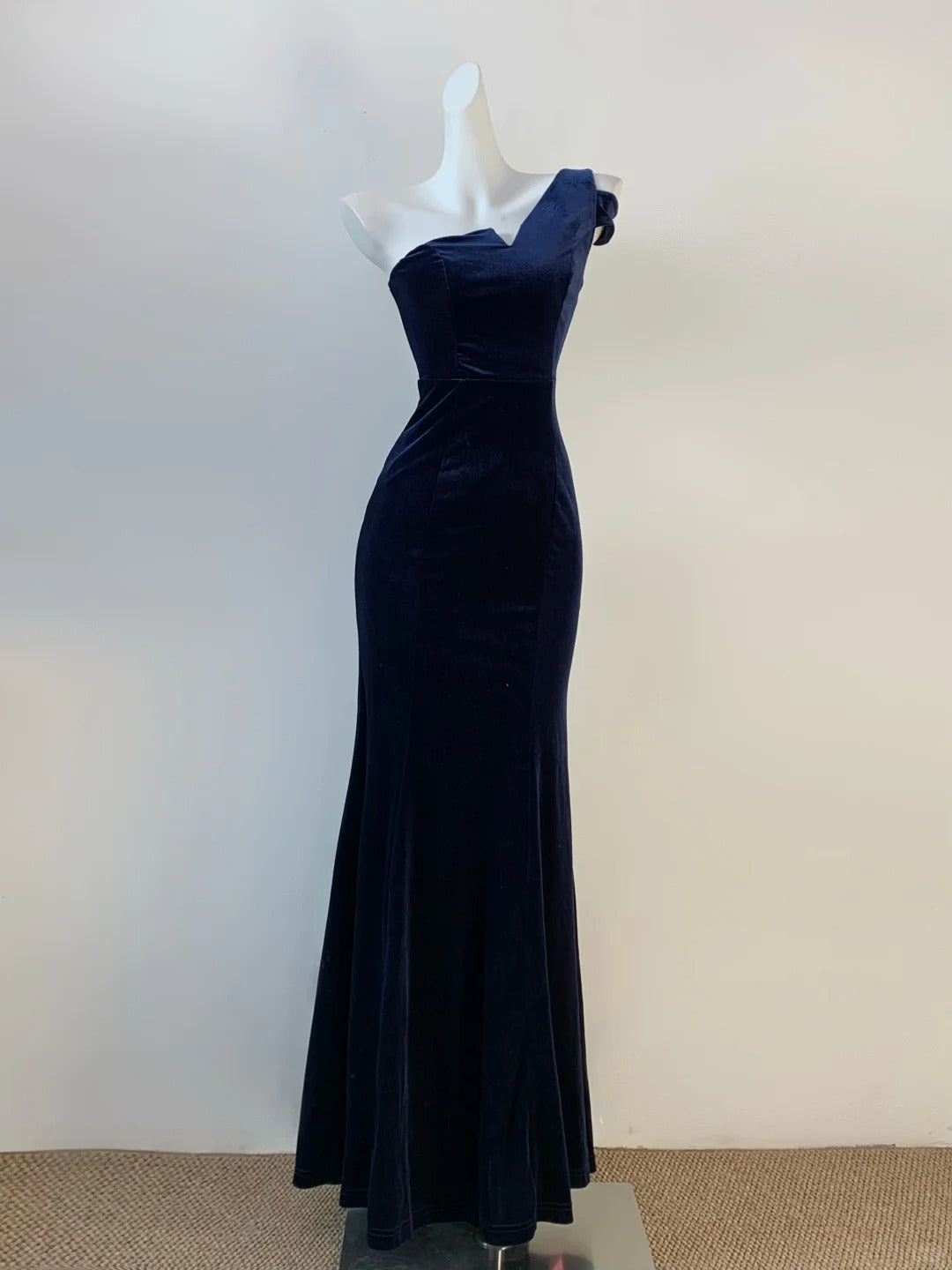 Elegant Navy Blue One Shoulder Mermaid Velvet Long Prom Dresses Formal Evening Gowns RF0688