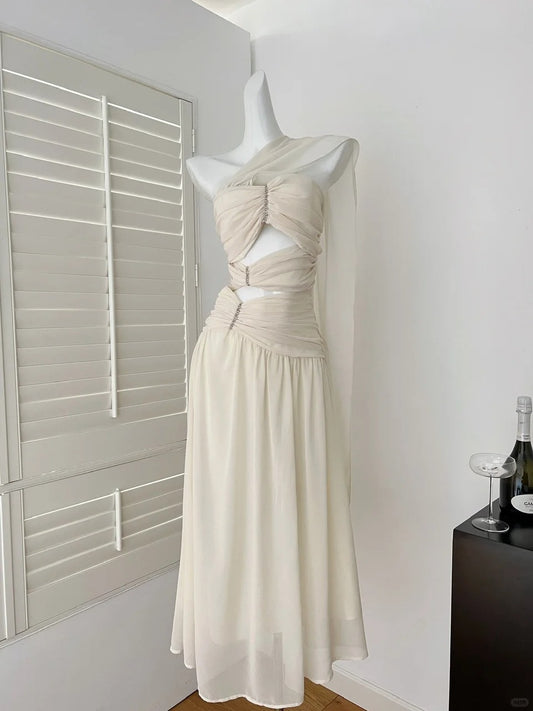 Simple White Strapless Chiffon A-Line Party Dress Evening Gowns RF0689