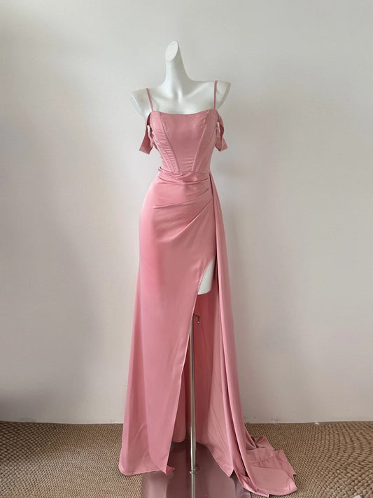 Sweet Pink Spaghetti Straps Bodycon Satin Long Prom Dresses Formal Evening Gowns with Slits RF0690