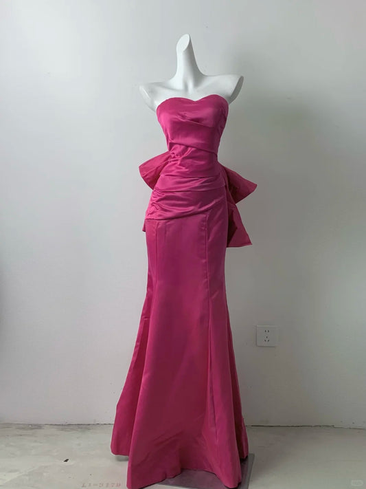 Stunning Fuchsia Strapless Mermaid Satin Long Prom Dresses Formal Evening Gowns with Bow RF0693