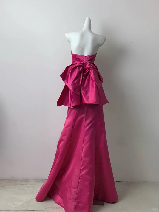 Stunning Fuchsia Strapless Mermaid Satin Long Prom Dresses Formal Evening Gowns with Bow RF0693