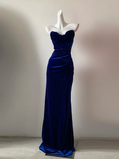 Glam Dark Royal Blue Strapless Mermaid Velvet Long Prom Dresses Formal Evening Gowns RF0694