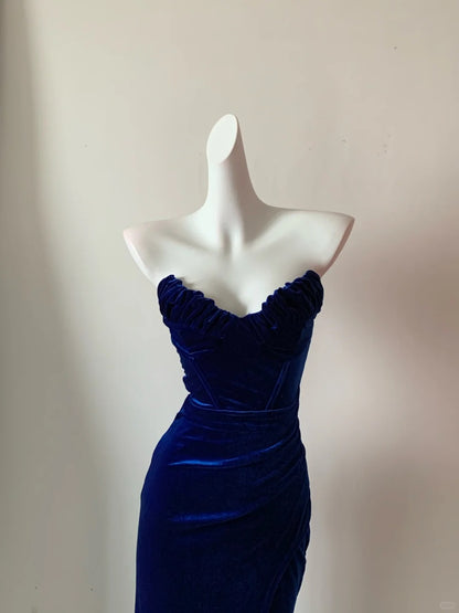 Glam Dark Royal Blue Strapless Mermaid Velvet Long Prom Dresses Formal Evening Gowns RF0694