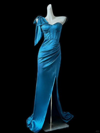 Gorgeous Blue One Shoulder Bodycon Satin Slit Long Prom Dresses Formal Evening Gowns RF0695