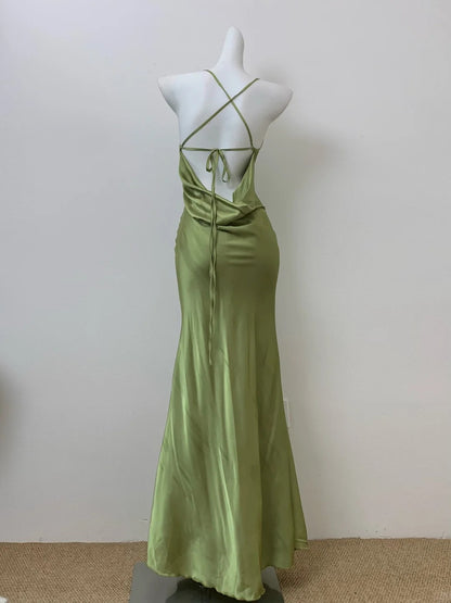 Chic Olive Green Spaghetti Straps Backless Mermaid Satin Long Prom Dresses Formal Evening Gowns RF0701