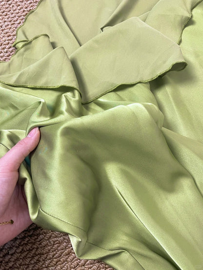 Chic Olive Green Spaghetti Straps Backless Mermaid Satin Long Prom Dresses Formal Evening Gowns RF0701