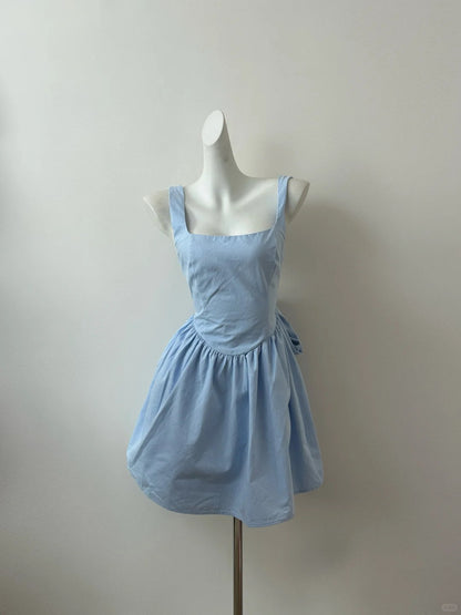 Simple Light Blue Square Neck A-Line Satin Short Evening Gowns Homecoming Dresses RF0704