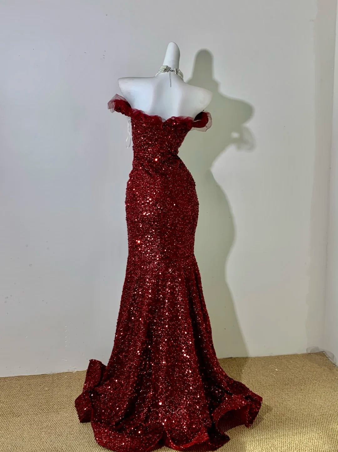 Gorgeous Burgundy Off-shoulder Mermaid Sequin Formal Evening Dresses Gowns Prom Dresses RF0706