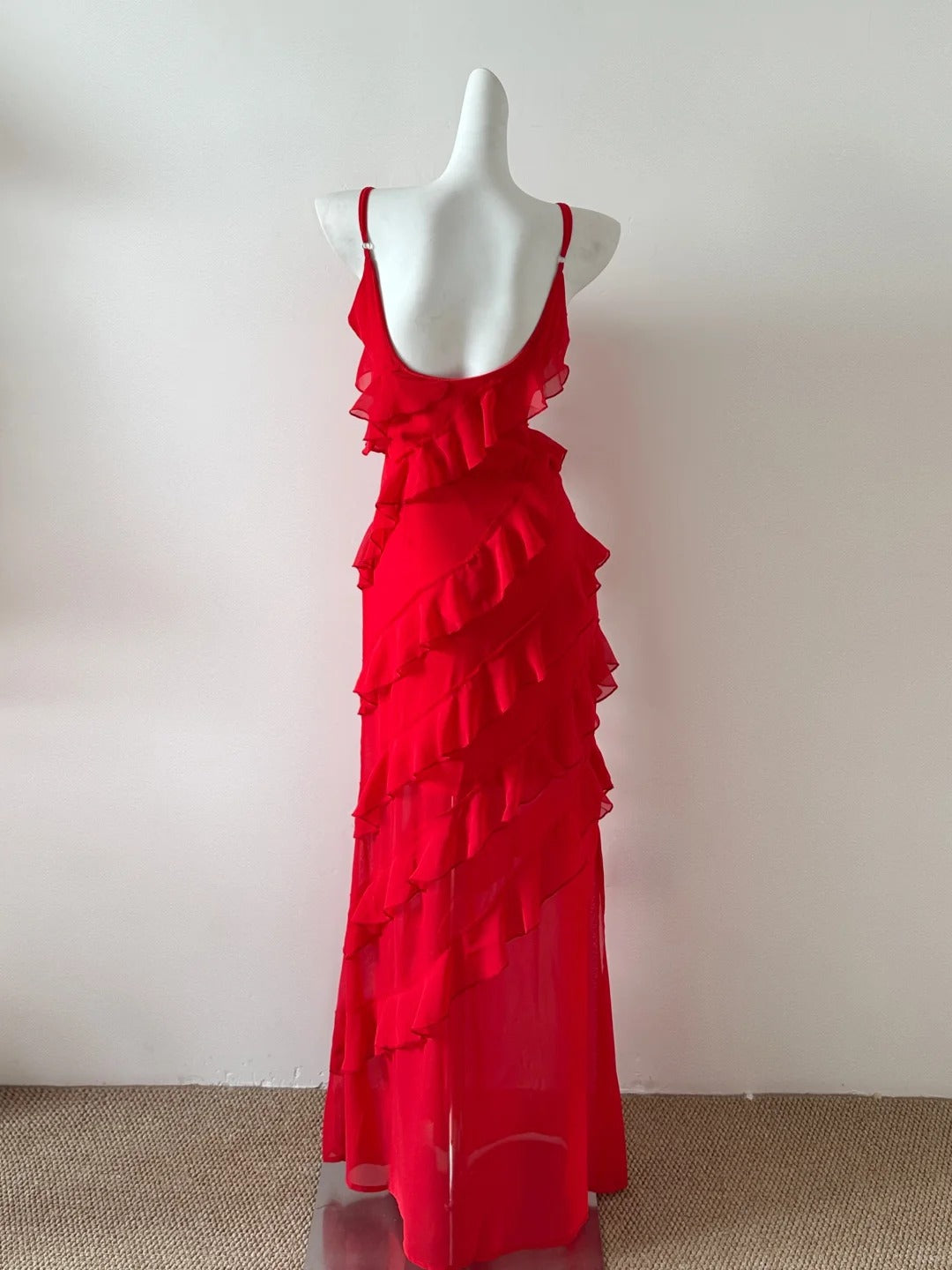 Sweet Red U Neck Sheath Chiffon Ruffle Birthday Evening Dress Gowns Prom Dresses RF0708