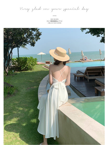 Simple White Strap V Neck Chiffon Summer Backless Dress RF0711
