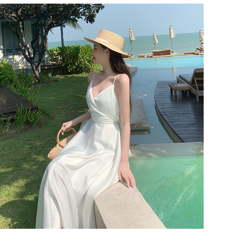 Simple White Strap V Neck Chiffon Summer Backless Dress RF0711