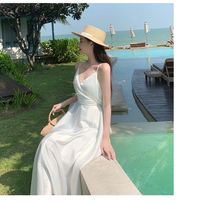 Simple White Strap V Neck Chiffon Summer Backless Dress RF0711