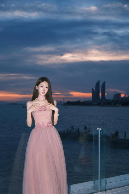 Sweet Pink Strapless Tulle Summer Dress RF0712