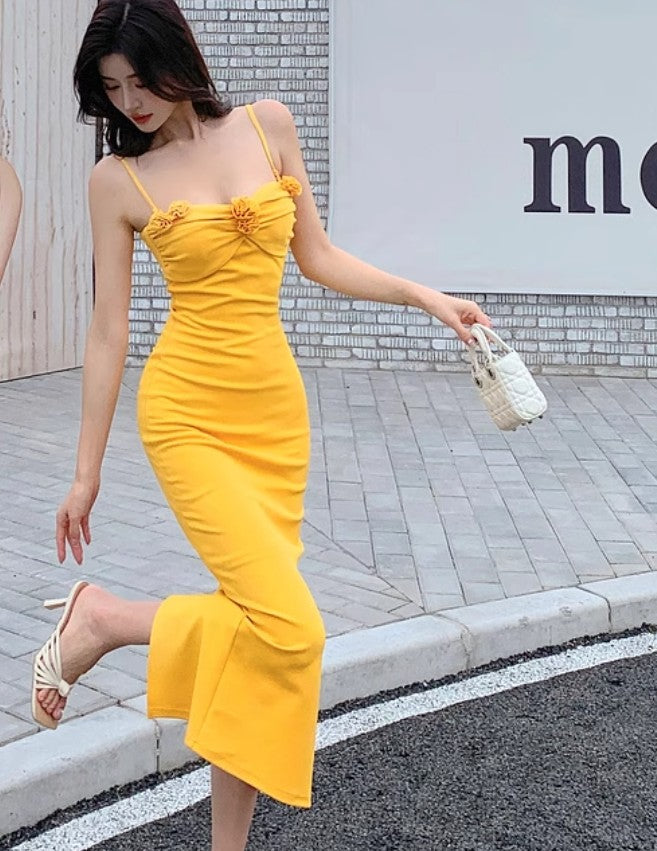 Elegant yellow spaghetti strap summer dress RF0713