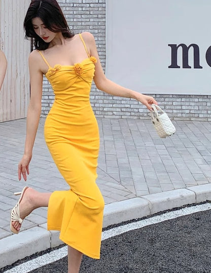 Elegant yellow spaghetti strap summer dress RF0713