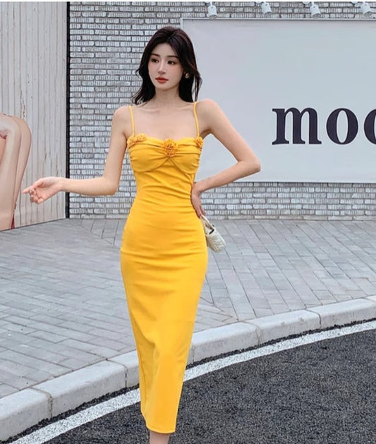 Elegant yellow spaghetti strap summer dress RF0713