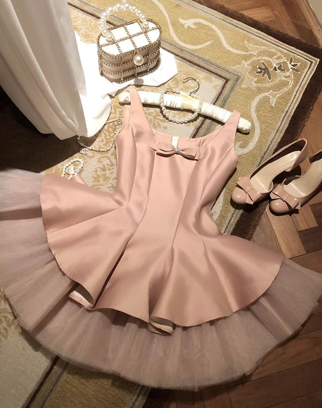 Sweet Pink Scoop Neck A-line Satin Tulle Homecoming Dress Short Evening Gowns RF0714