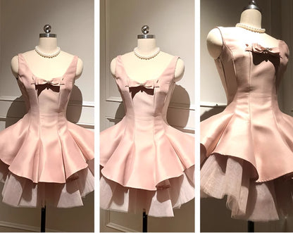 Sweet Pink Scoop Neck A-line Satin Tulle Homecoming Dress Short Evening Gowns RF0714