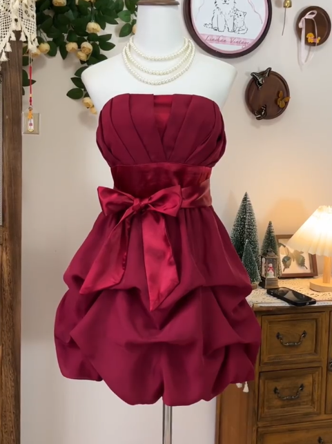Elegant Burgundy Strapless A-line Chiffon Short Party Dress Homecoming Dress  RF0718