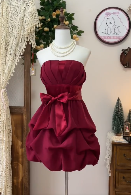 Elegant Burgundy Strapless A-line Chiffon Short Party Dress Homecoming Dress  RF0718