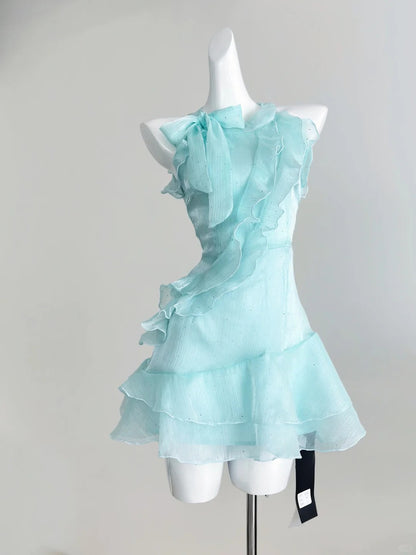 Sweet Blue Round Neck A-line Chiffon Short Party Dress Homecoming Dress  RF0719