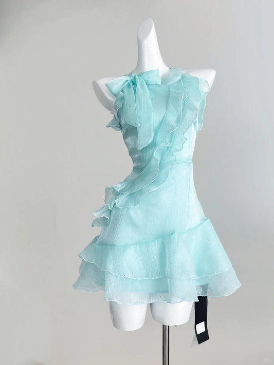 Sweet Blue Round Neck A-line Chiffon Short Party Dress Homecoming Dress  RF0719
