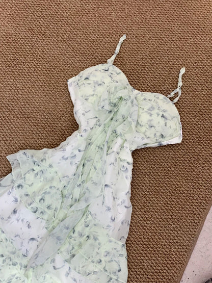 Elegant Light Green Spaghetti Straps Printed Chiffon A-line Hi-Lo Party Dress Homecoming Dress RF0720