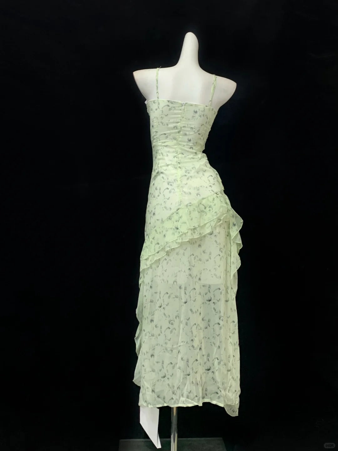Elegant Light Green Spaghetti Straps Printed Chiffon A-line Hi-Lo Party Dress Homecoming Dress RF0720
