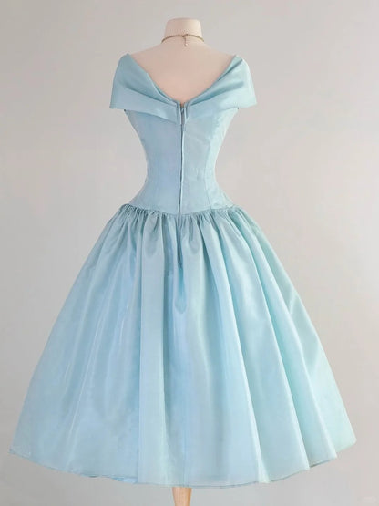 Elegant Blue Off Shoulder A-Line Satin Long Prom Dress Homecoming Dress RF0722