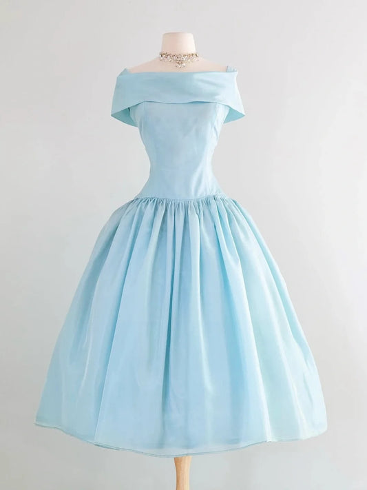 Elegant Blue Off Shoulder A-Line Satin Long Prom Dress Homecoming Dress RF0722