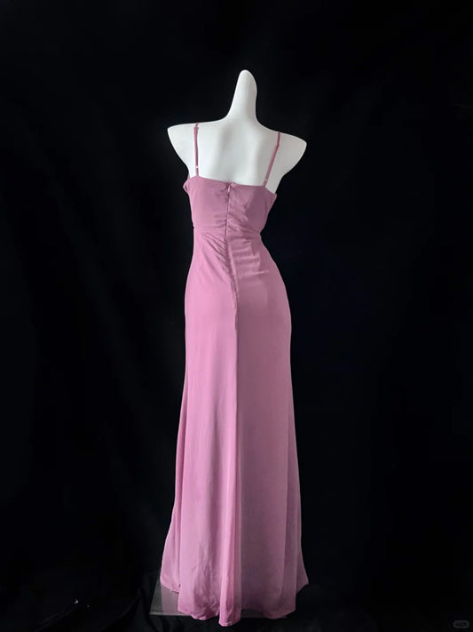 Sweet Pink Spaghetti Straps Sheath Chiffon Long Prom Dress Formal Evening Dress RF0723