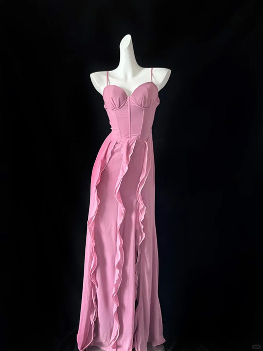 Sweet Pink Spaghetti Straps Sheath Chiffon Long Prom Dress Formal Evening Dress RF0723