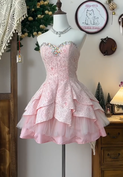 Elegant Pink Strapless Lace A-Line Short Prom Dress Homecoming Dress RF0724