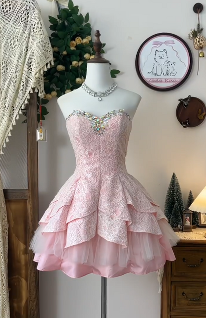 Elegant Pink Strapless Lace A-Line Short Prom Dress Homecoming Dress RF0724
