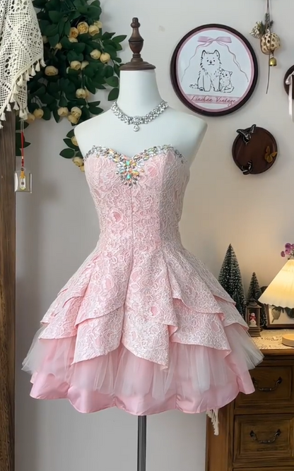 Elegant Pink Strapless Lace A-Line Short Prom Dress Homecoming Dress RF0724