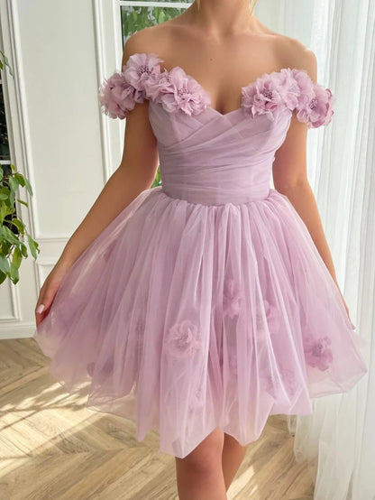 Elegant Purple Off-the-shoulder A-Line Tulle Short Prom Dresses Homecoming Dress RF0726