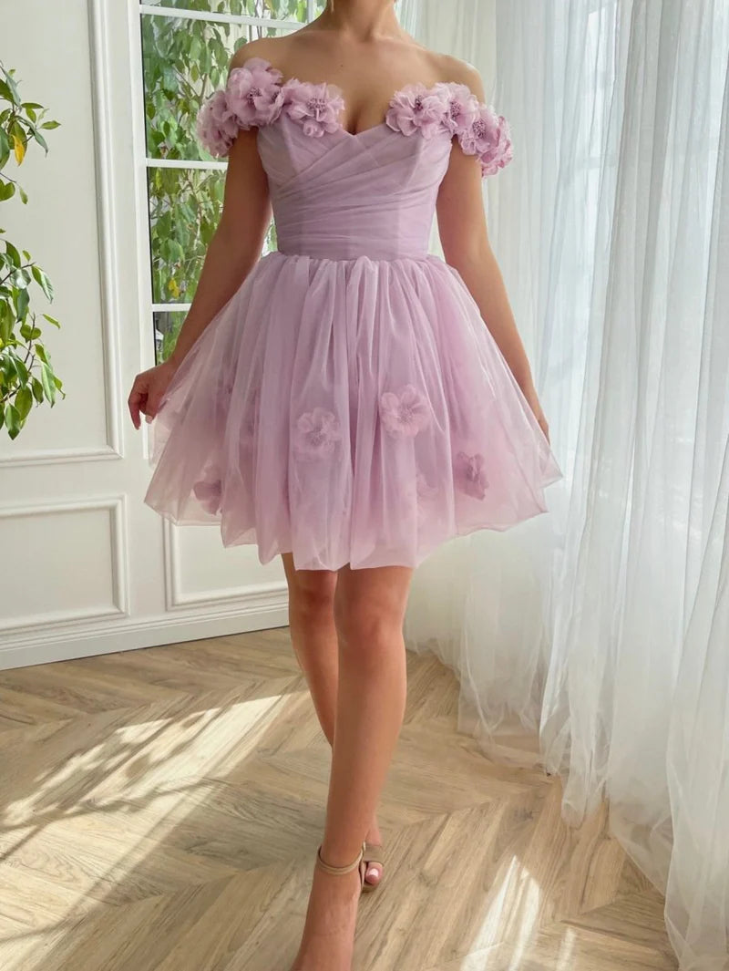 Elegant Purple Off-the-shoulder A-Line Tulle Short Prom Dresses Homecoming Dress RF0726